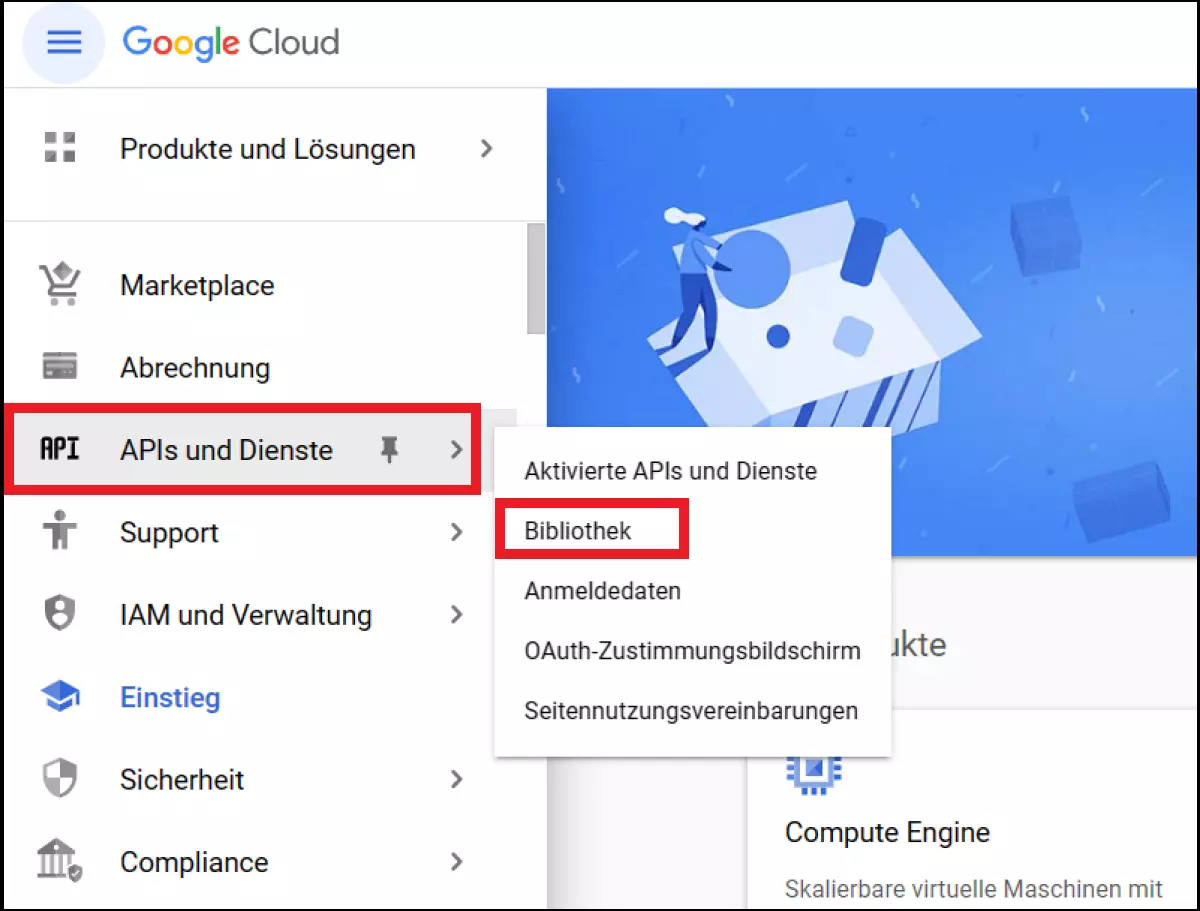 Das Untermenü „Bibliothek“ im Menüpunkt „APIs & Services“