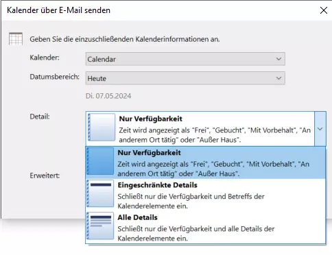 Outlook: Wahl der Detailebene im Dialogfenster „Kalender über E-Mail senden“