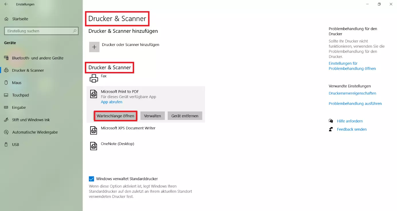 : Windows 10: Menü „Drucker & Scanner“ 