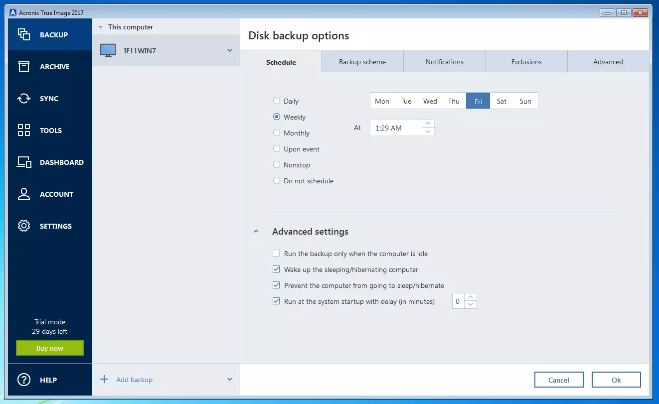 Acronis True Image 2017: Menü zur Auswahl der Backup-Optionen