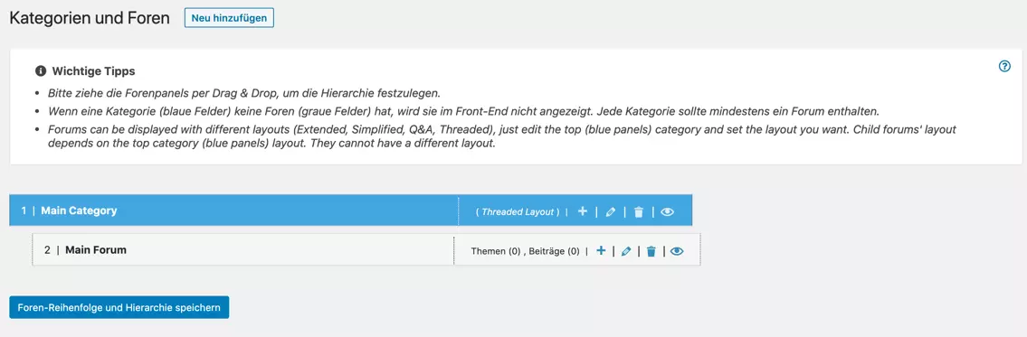 Menü im WordPress-Backend, über das sich Kategorien und Foren mit wpForo Forum anlegen lassen