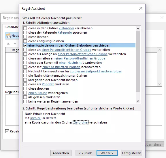 Outlook-Regel-Assistent: Auswahl der Aktion