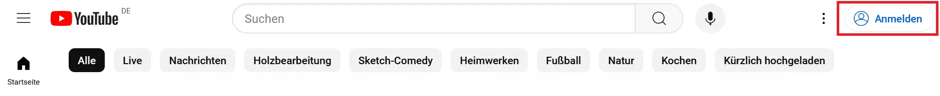 YouTube-Startseite: „Anmelden“-Button