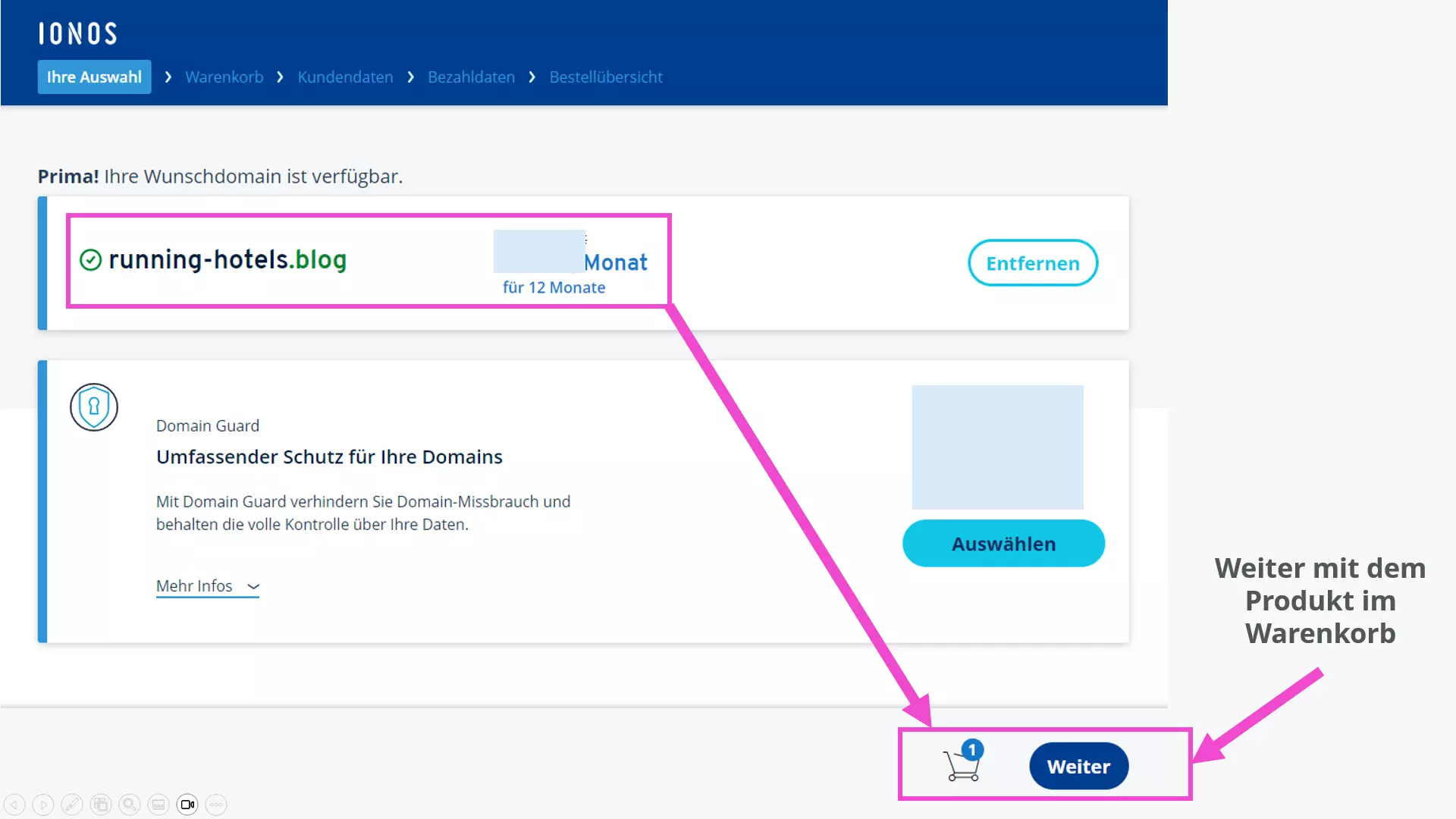 Ansicht „Domain verfügbar und im Warenkorb“