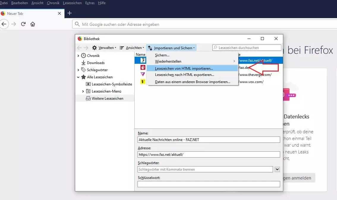 Firefox Lesezeichen-Bibliothek und „Lesezeichen von HTML importieren“