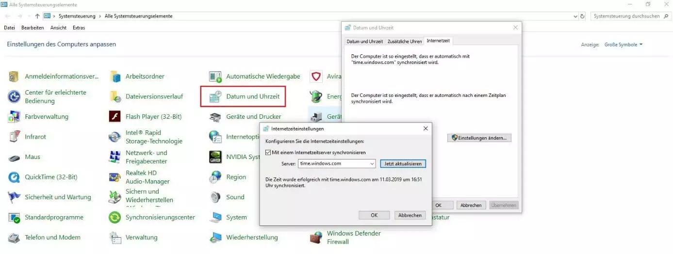 Windows-Systemsteuerung und Menü „Datum und Uhrzeit“