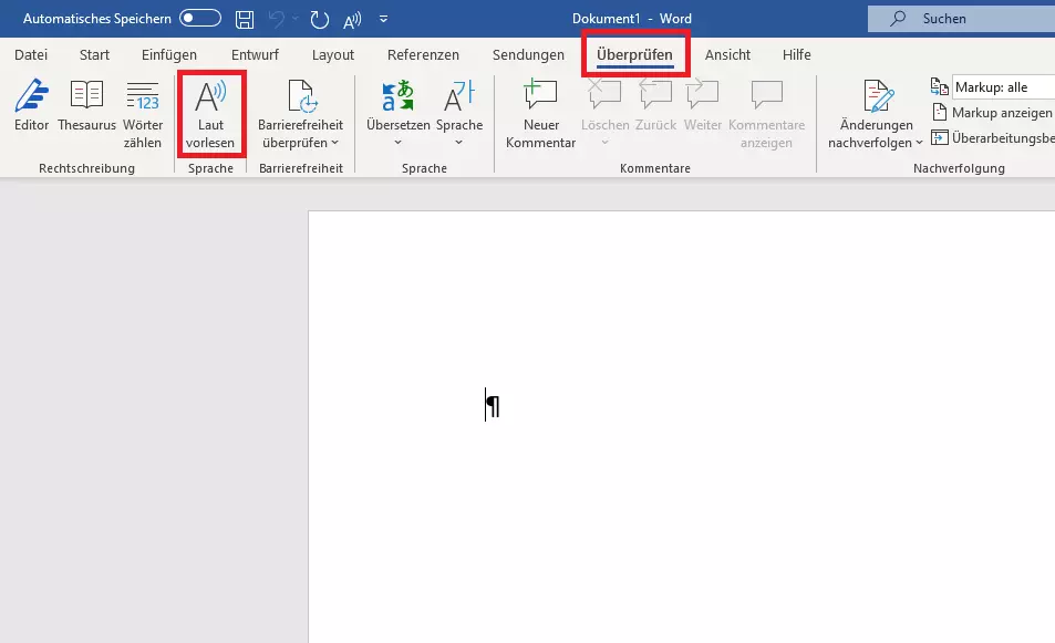 Word-Menü „Überprüfen“ mit der Funktion „Laut vorlesen“