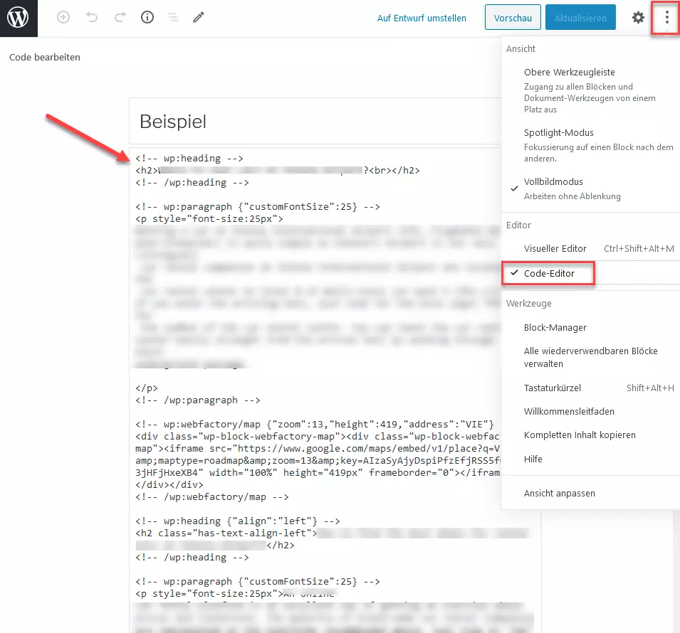 WordPress-Backend – Code-Editor: Den Code einer WordPress-Seite mittels Strg + C kopieren