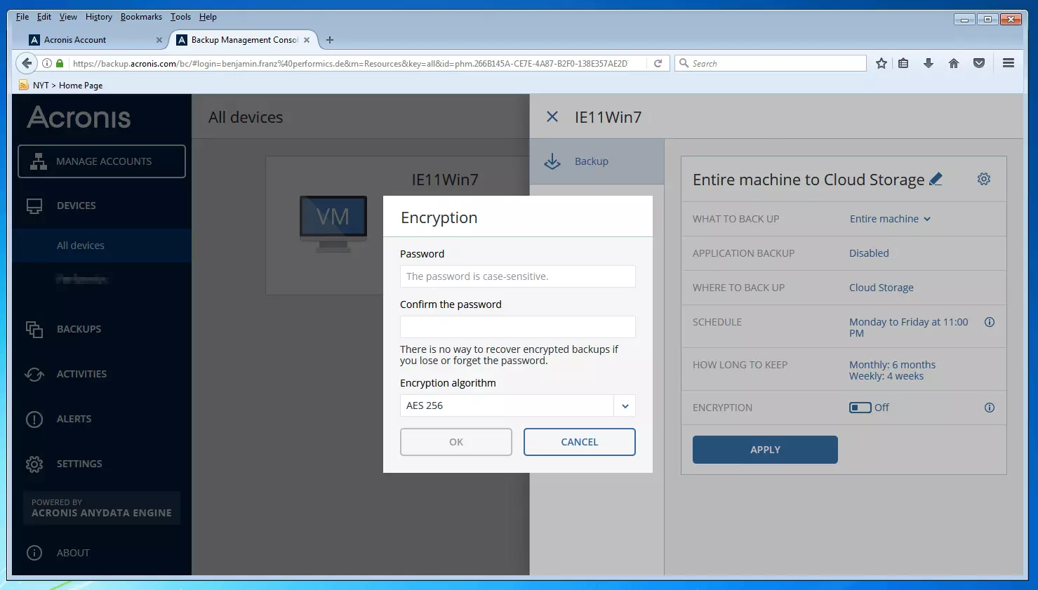 Die Backup-Management-Konsole von Acronis Backup 12.5: Dialogfenster zur Eingabe eines Passworts für die Backup-Verschlüsselung