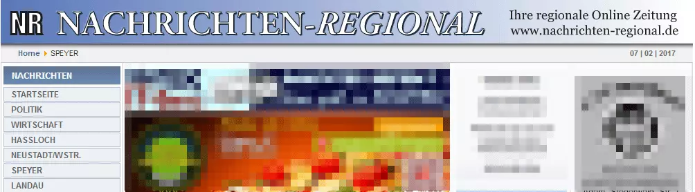 Screenshot der Website „www.nachrichten-regional.de“ mit der Kategorie Speyer.