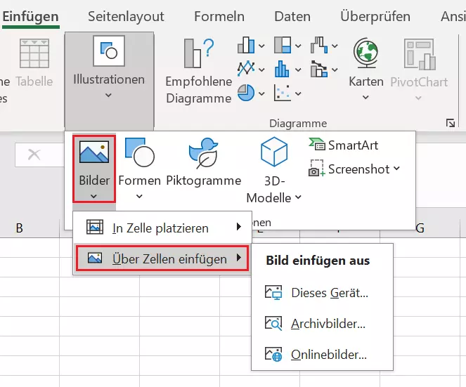 Excel-Menü: Bilder über Zellen einfügen