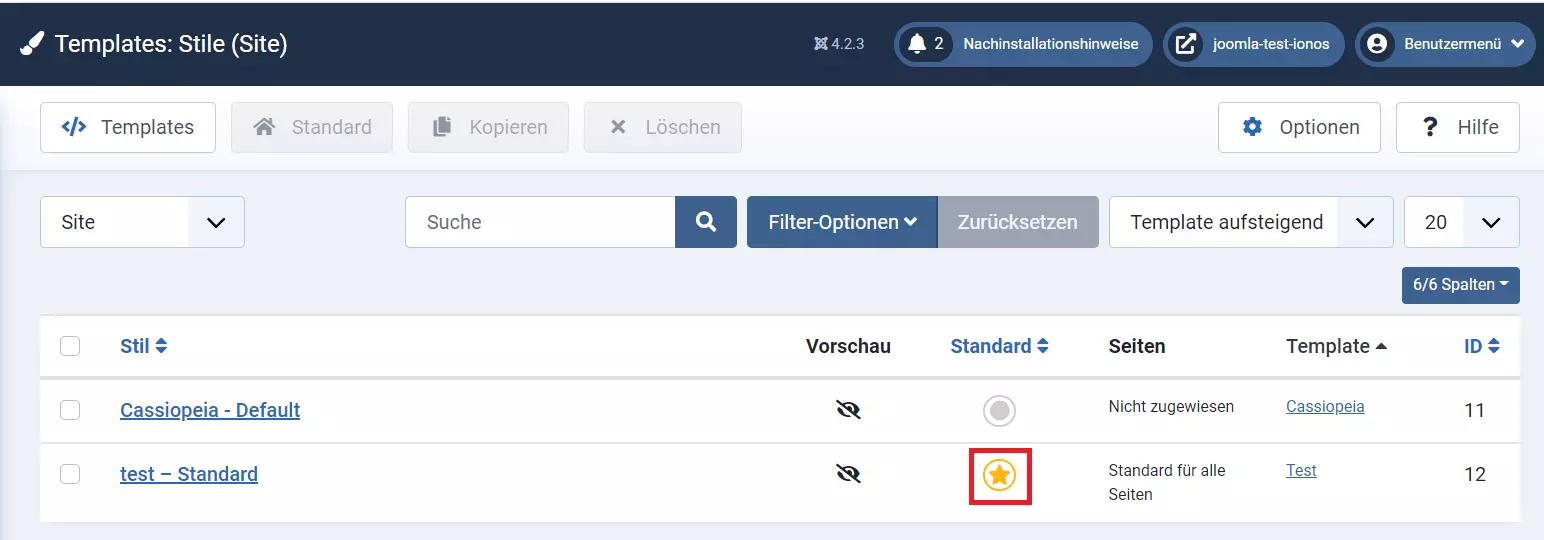 Menü „Templates“ > „Site Template Stile“ des Joomla-Backends