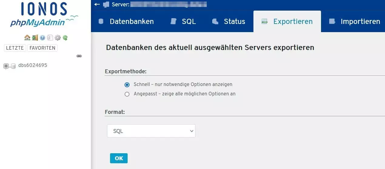 phpMyAdmin-Interface von IONOS: Datenbank-Export