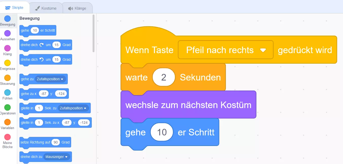 Scratch programmieren: Skript-Übersicht im Beispiel-Projekt