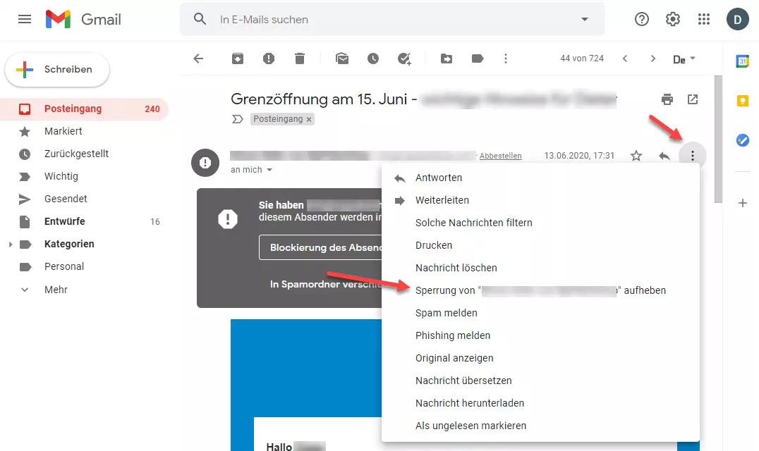 Gmail: Sperrung einer Mail-Adresse aufheben