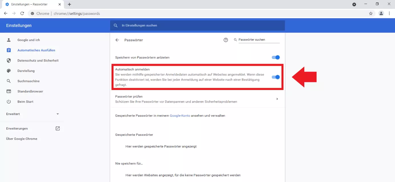 Google Chrome: Menü „Passwörter“, Option „Automatisch anmelden“