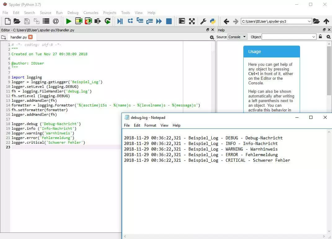 Python-Editor mit Logger-Methoden und Formatattributen sowie die Textausgabe in der Log-Datei mit den formatierten Nachrichten