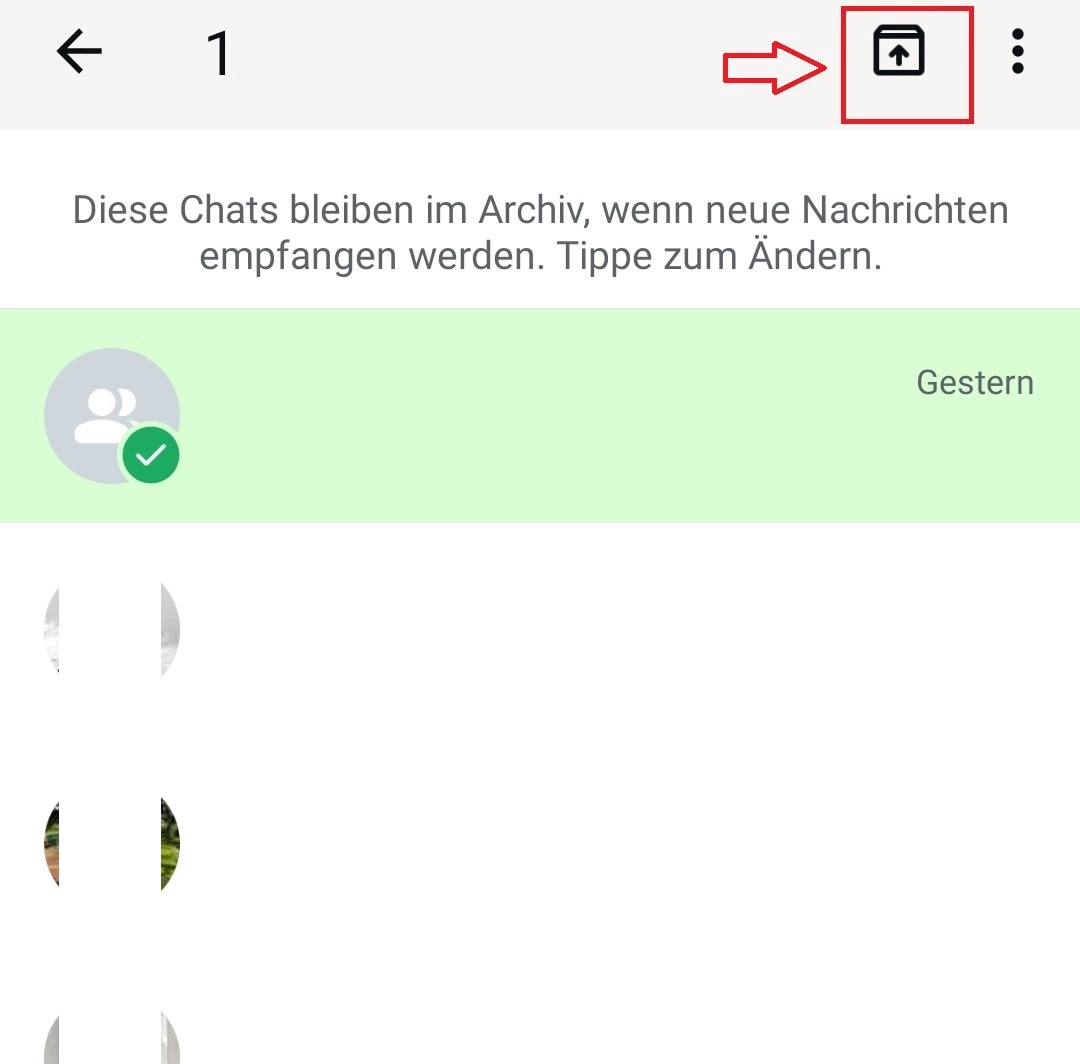 Android-Screenshot, der einen archivierten Test-Chat und ein markiertes Pfeil-Kästchen zeigt