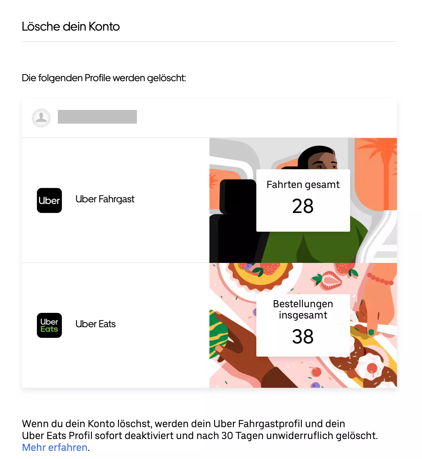 Screenshot der Lösch-Option auf der Uber-Website