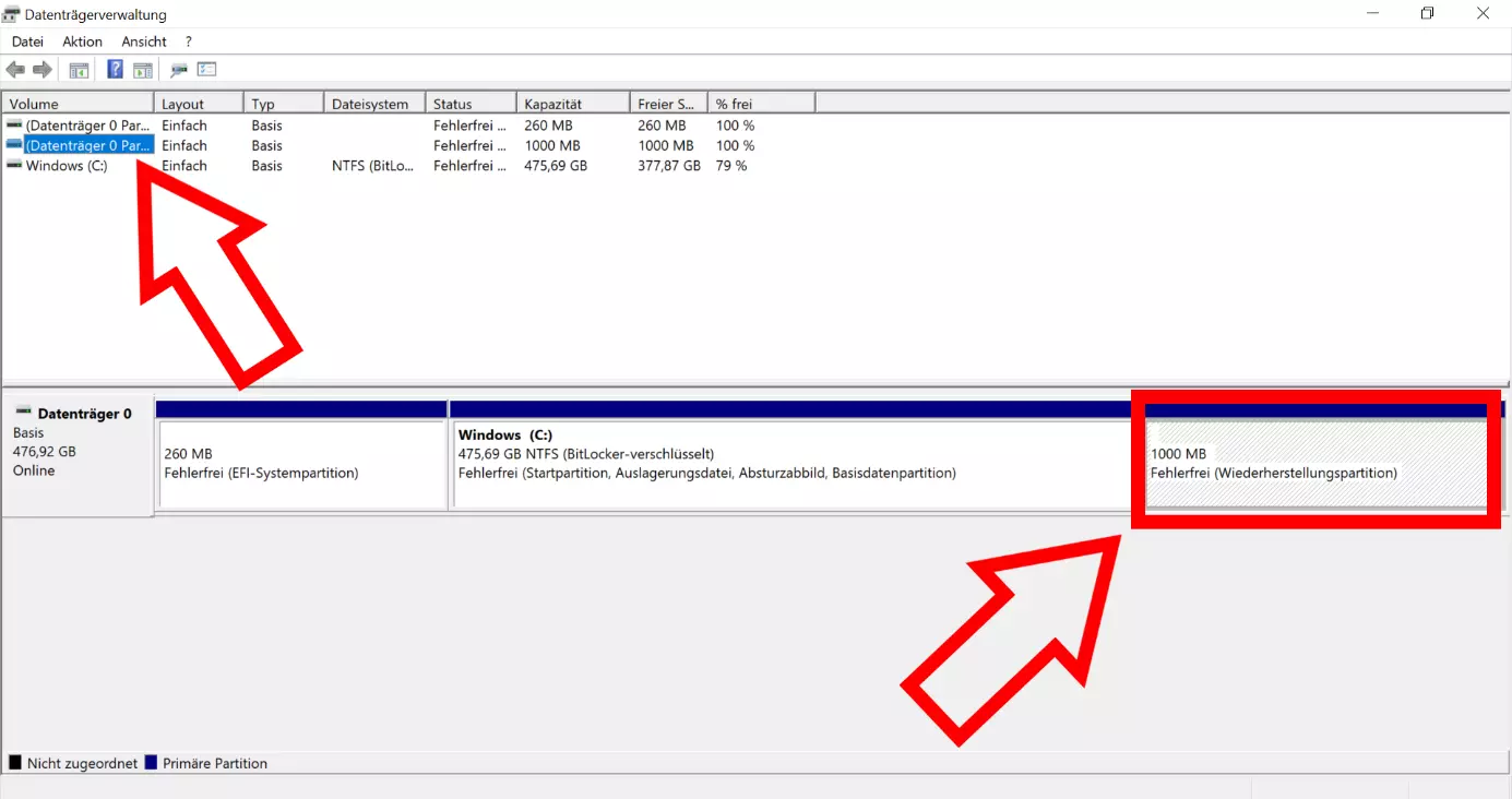 Screenshot der Windows-Datenträgerverwaltung, der die Partition des Datenträgers 0 mit der Wiederherstellungspartition zeigt