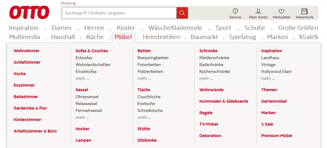 Screenshot eines Dropdown-Menüs auf otto.de