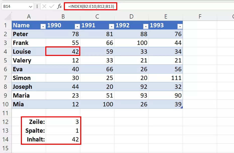 Tabelle in Excel mit einfacher INDEX-Funktion