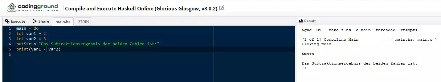 Haskell lernen: Subtraktion von zwei Wert-Variablen 