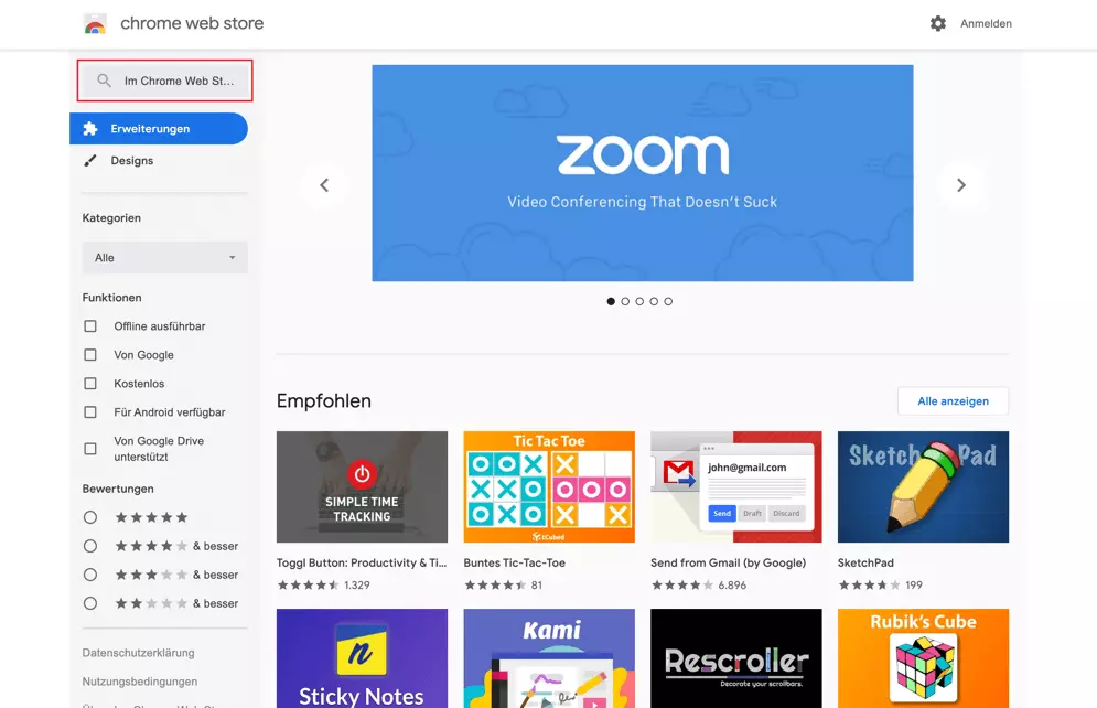 Über die Suchmaske im Google Web Store nach Add-ons suchen