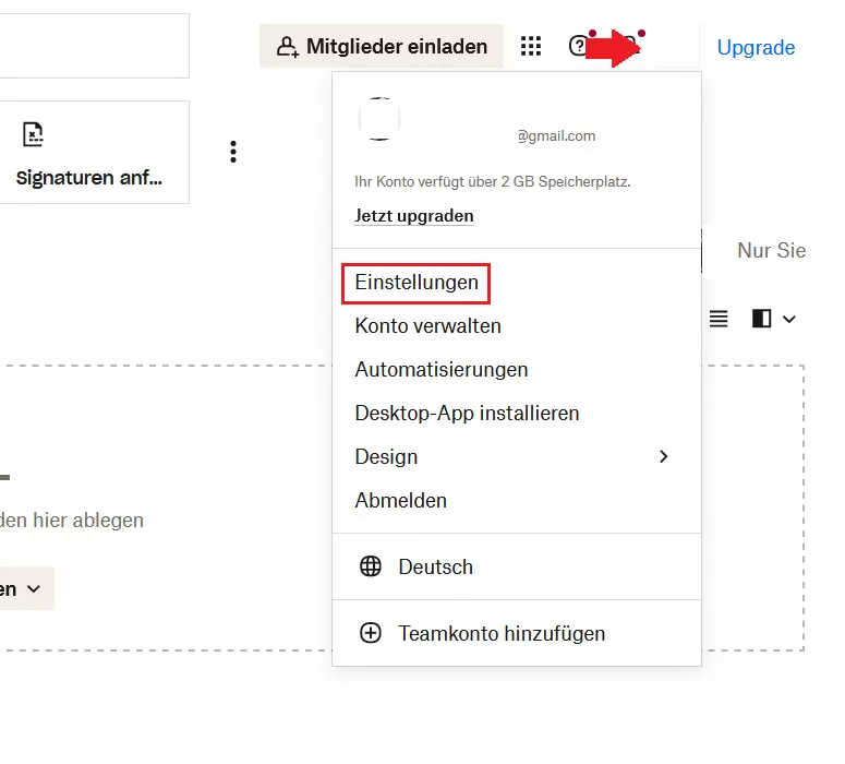 Die Dropbox-Kontoseite des Nutzerprofils