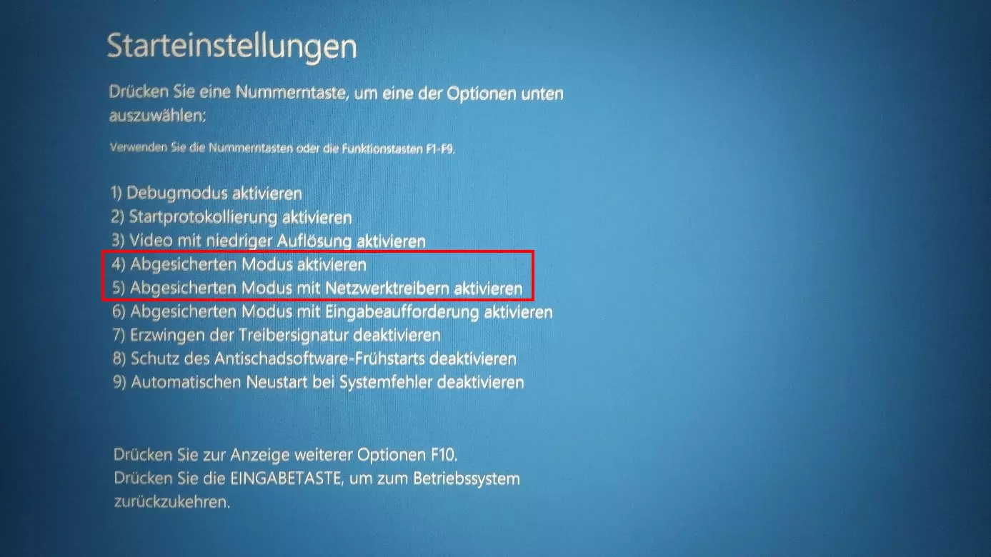 Screenshot Windows 10 UEFI – Starteinstellungen-Menü