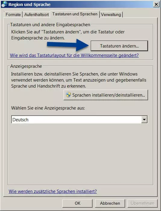 Menü „Region und Sprache“ und Reiter „Tastaturen und Sprachen“