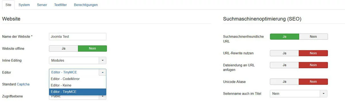 „Site“-Reiter im den Joomla-Konfigurationsmenü
