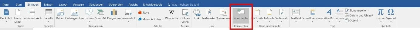 Word 2016: Kommentar-Button im Einfügen-Reiter