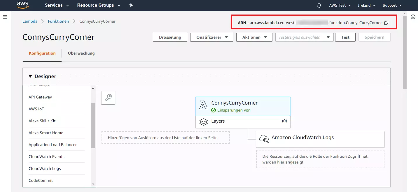 AWS-Management-Konsole: der ARN der Lambda-Funktion