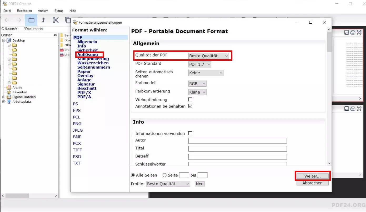 Exportmenü von PDF24 Creator