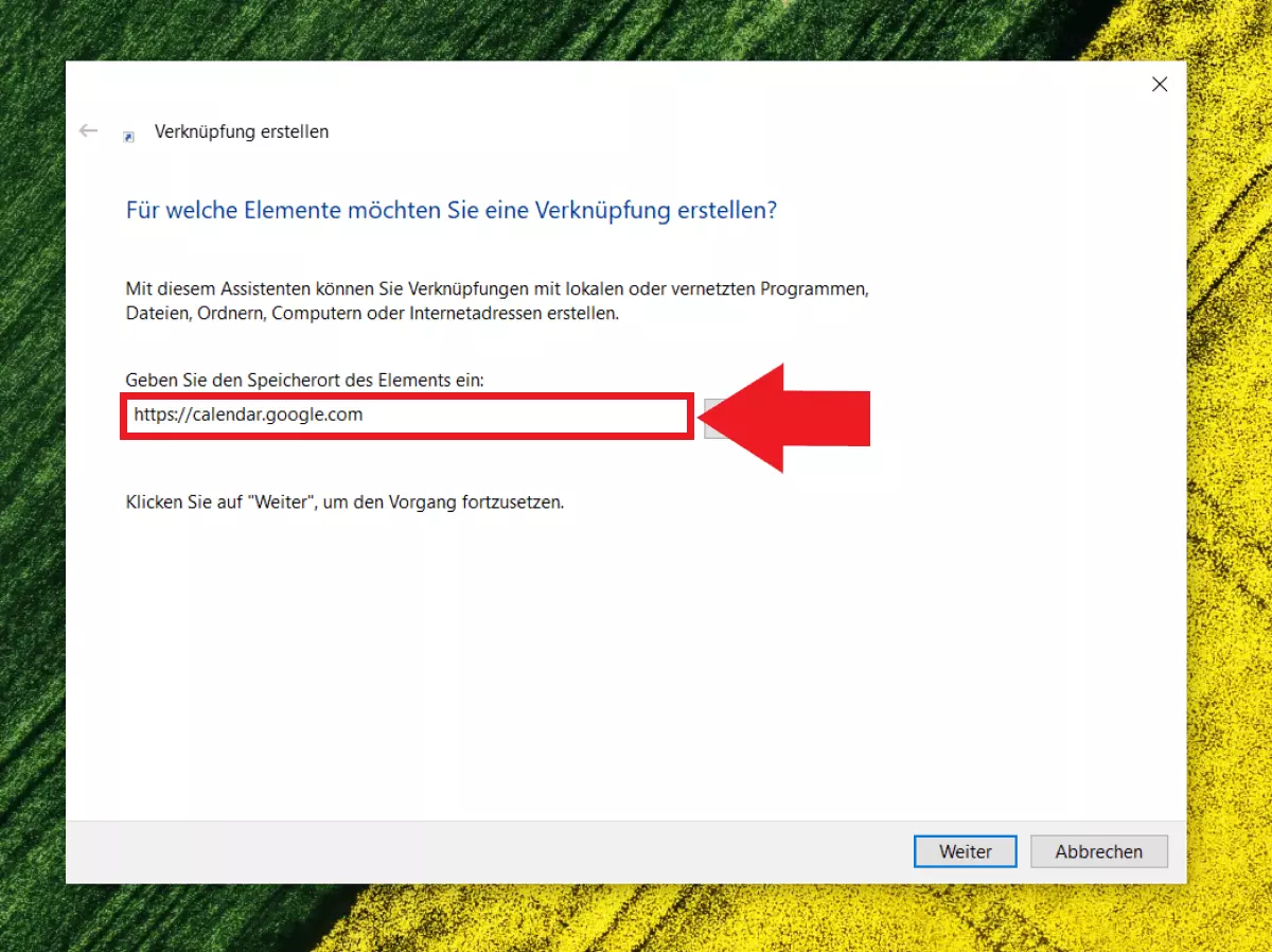 Verknüpfung erstellen: Adresse des Google Kalender eingeben