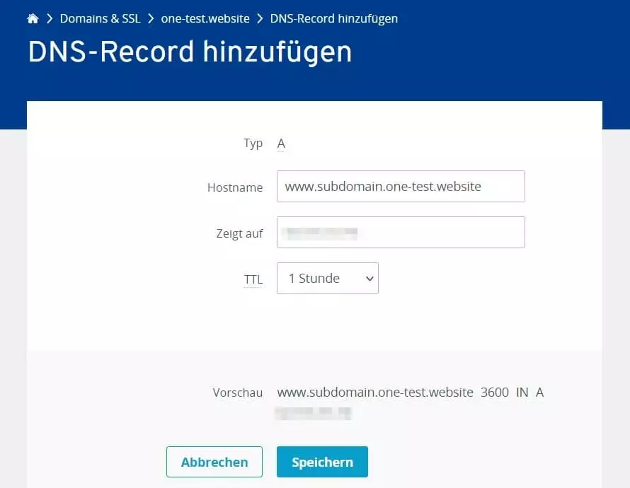 DNS-Record hinzufügen im IONOS Cloud Panel