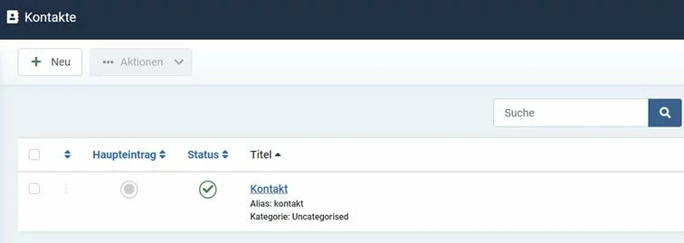 Erstellter Kontakt im Backend von Joomla