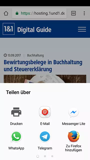 Menü mit verschiedenen Möglichkeiten, um die Inhalte einer Webseite zu teilen