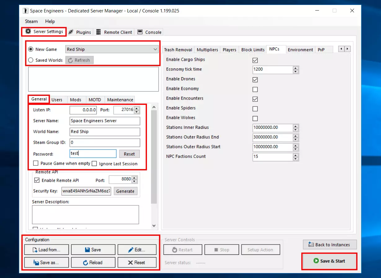 Space Engineers: Server Settings im Dedicated Server Manager