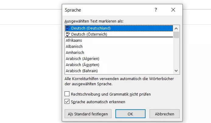 Outlook: Rechtschreibprüfung-Sprachübersicht