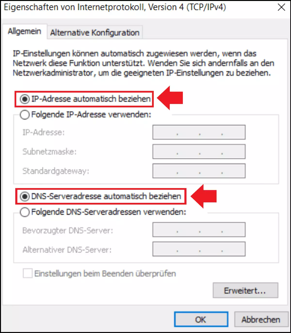 Die Eigenschaften von „Internetprotokoll, Version 4 (TCP/IPv4)“