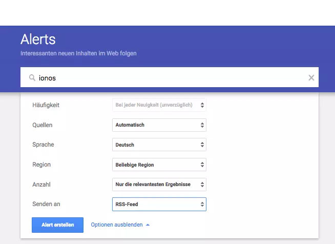 Screenshot der Auswahlmöglichkeiten bei Google Alerts
