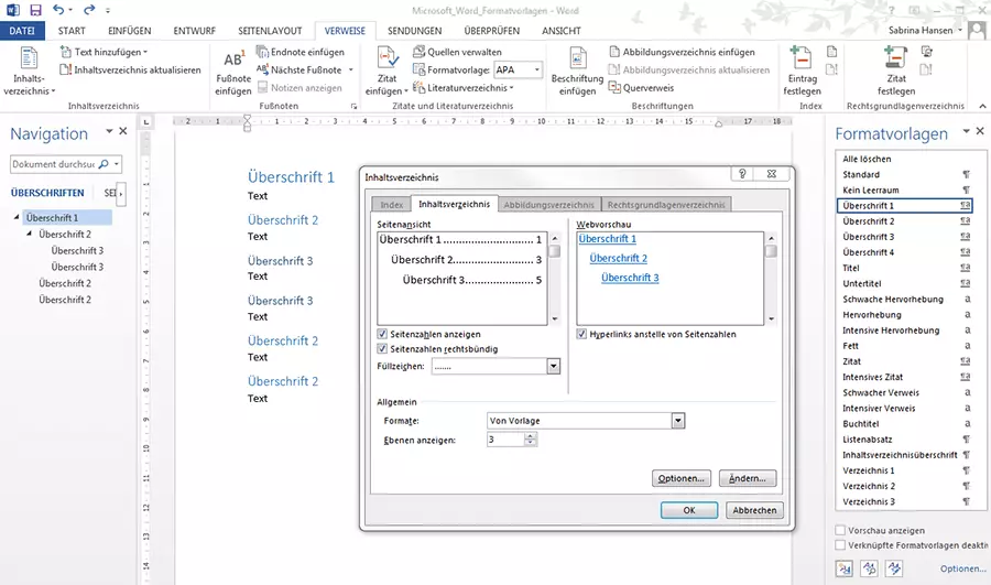 Arbeitsmenü zur Anpassung des Layouts