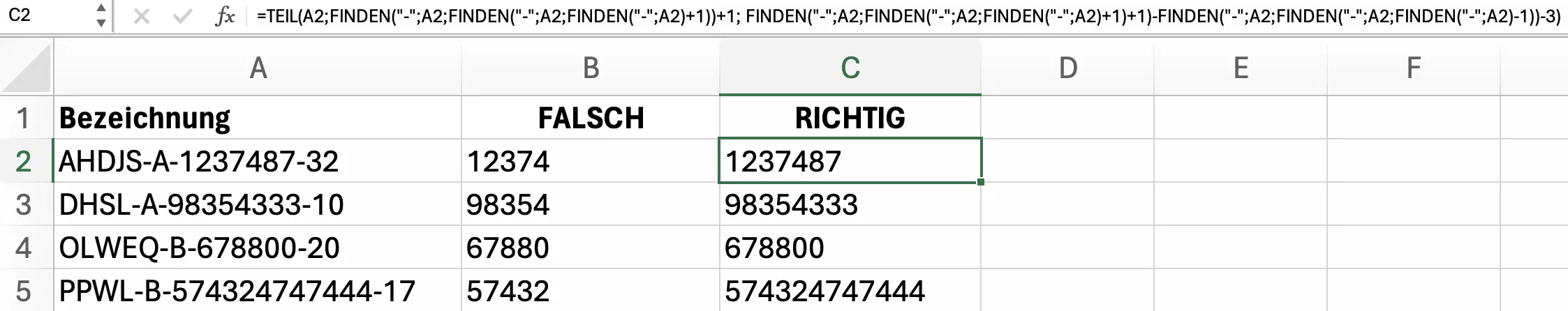 Kombination von Excel FINDEN und TEIL, um Text variabler Länge zu extrahieren