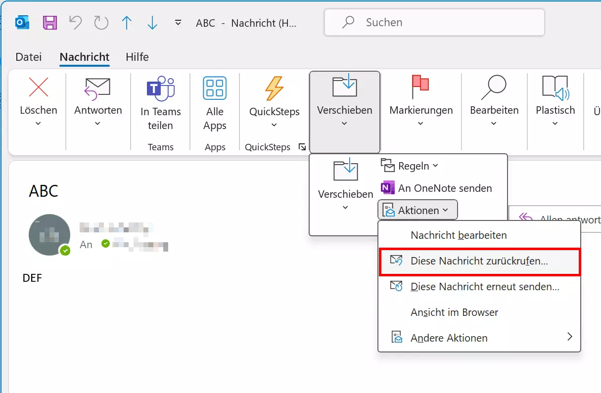 Die Funktion „Diese Nachricht zurückrufen…“