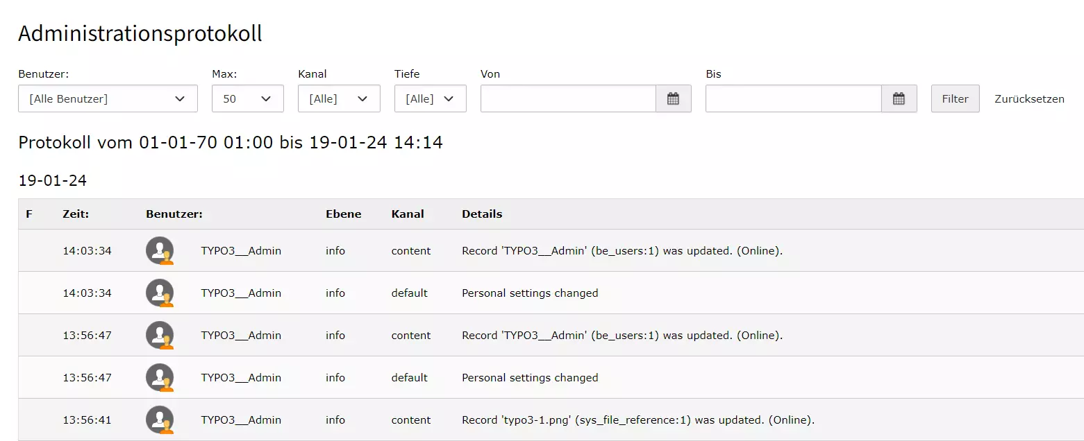 Administrationsprotokoll im TYPO3-Backend