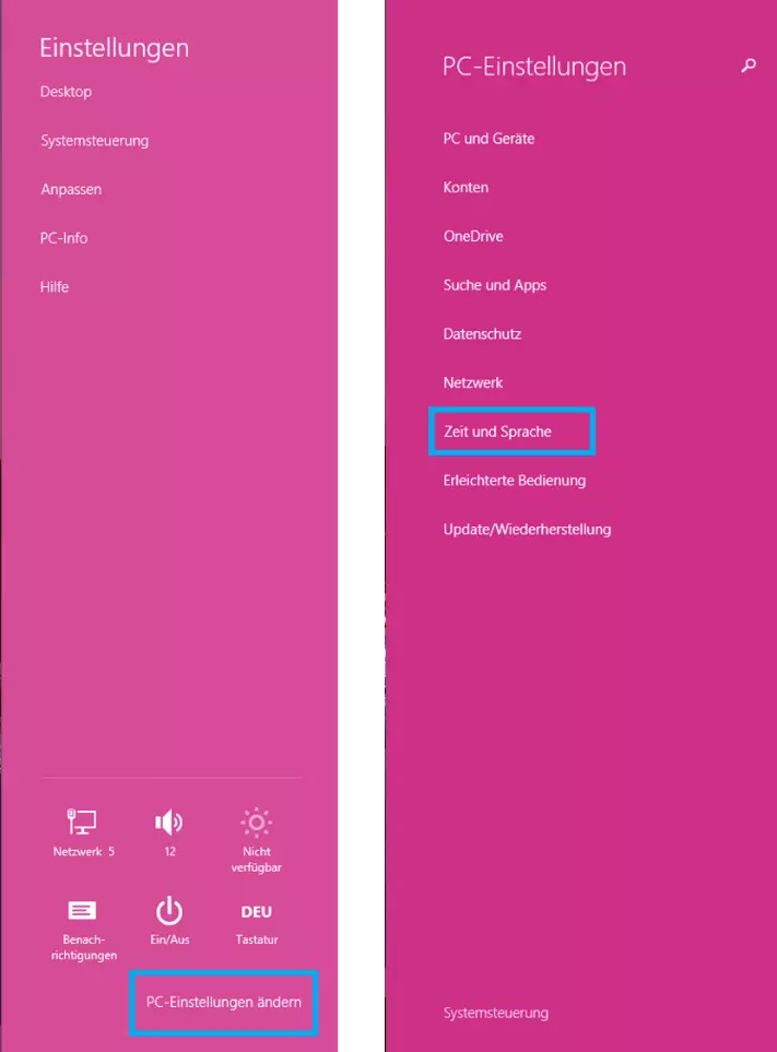 Einstellungen und PC-Einstellungen in Windows 8