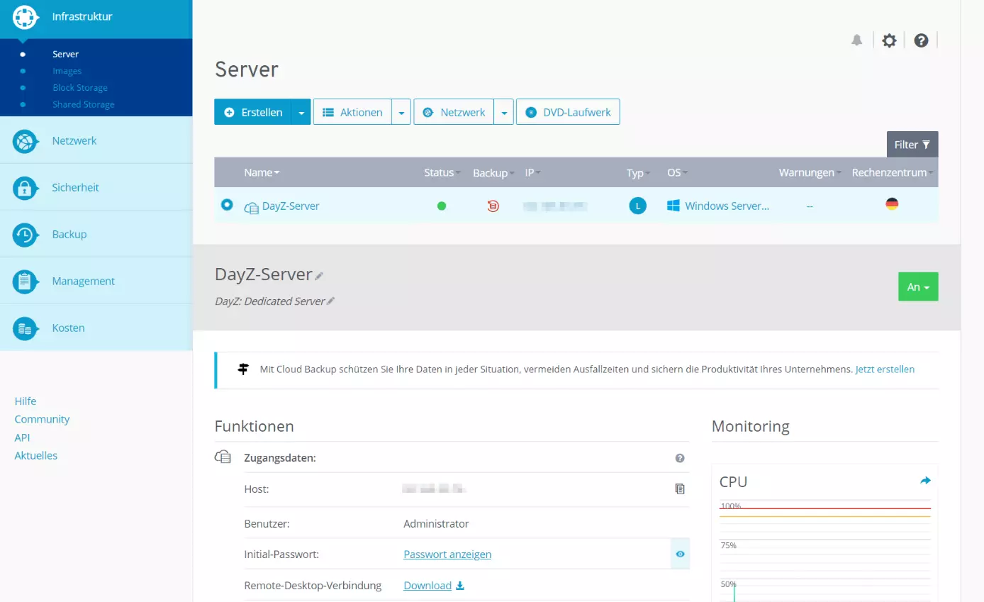 IONOS Cloud Panel: Zugangsdaten zum DayZ-Server