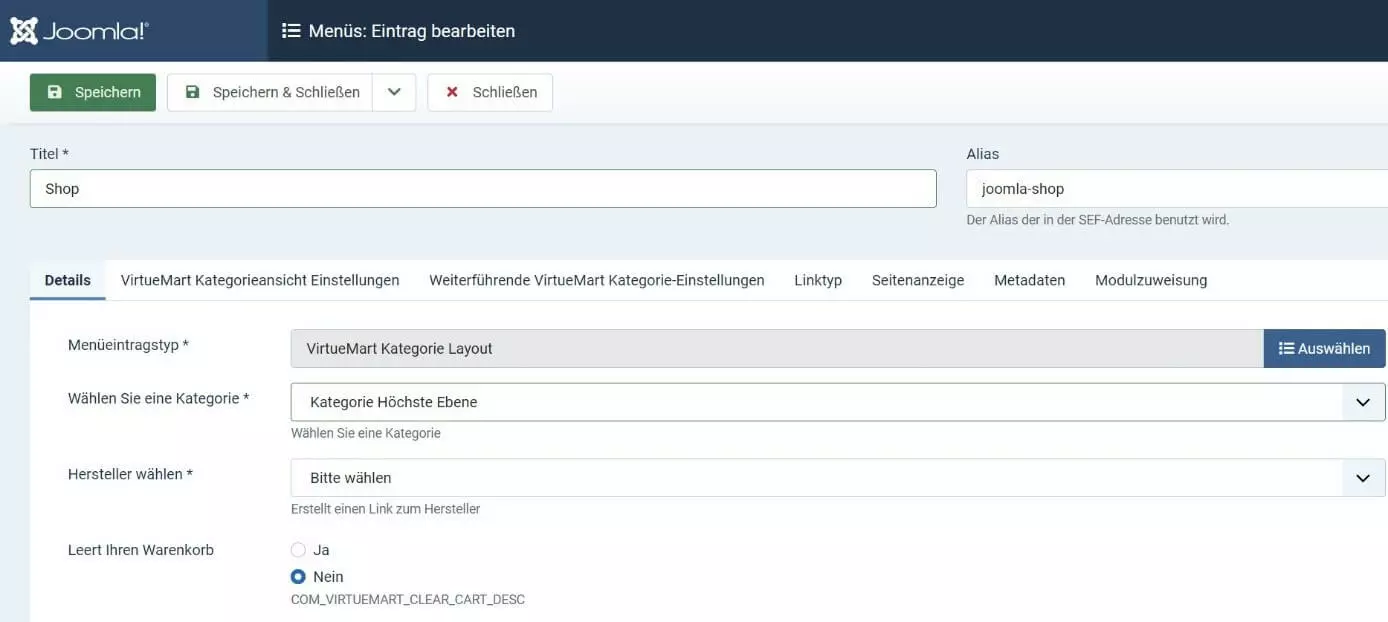 Joomla: Webshop-Einbindung in die Hauptnavigation